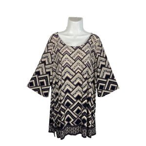 Naif Plus Size 3X Tunic Top Geo Print Purple Black Cream 3/4 Bell Sleeve Stretch
